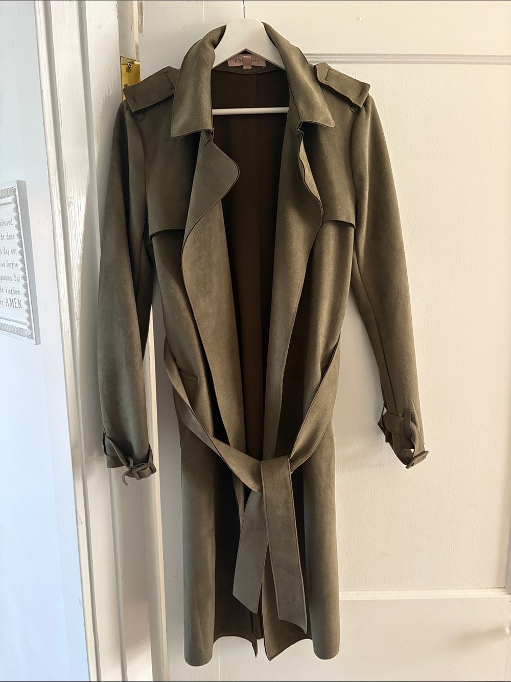 Philosophy Olive Green Trench Coat with Self Tie Belt